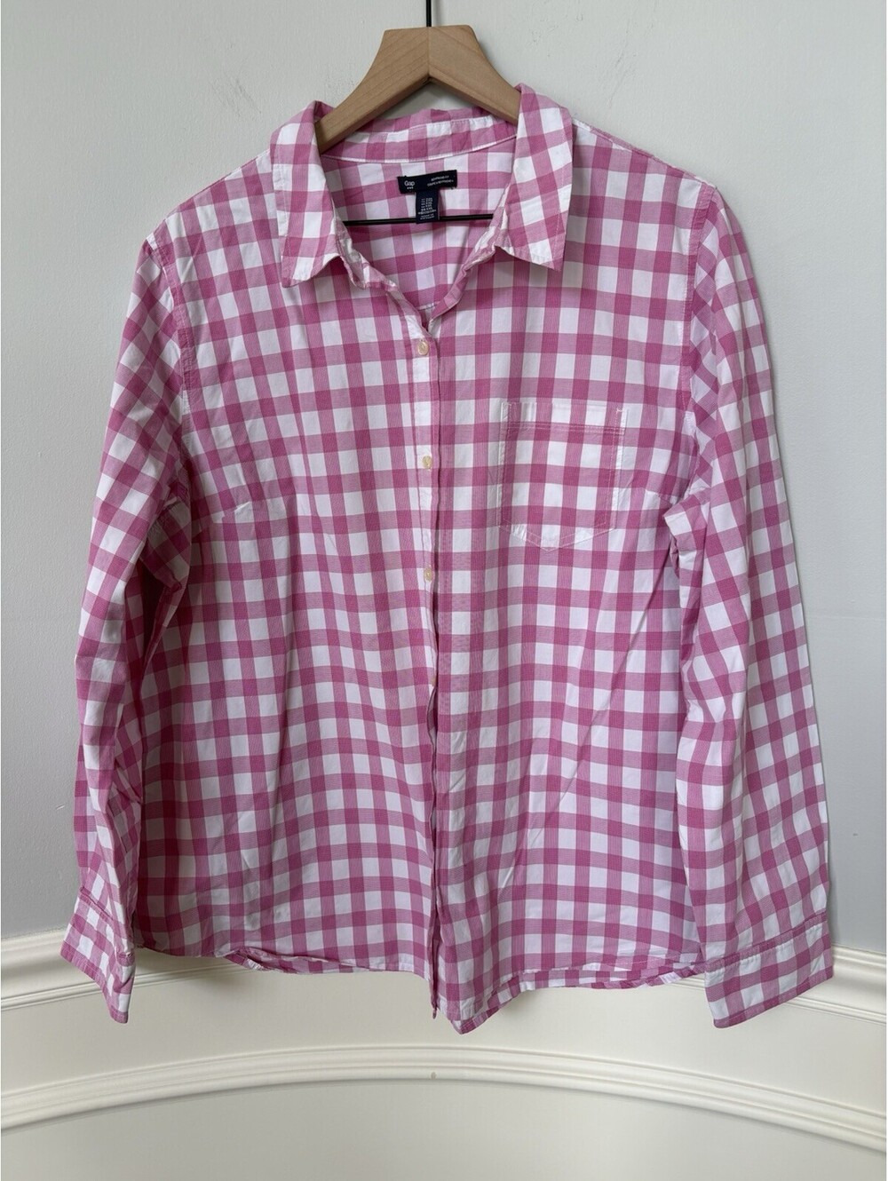 Gap Pink/White Check Woven Cotton Button-Up Long Sleeve Shirt Men's XXL